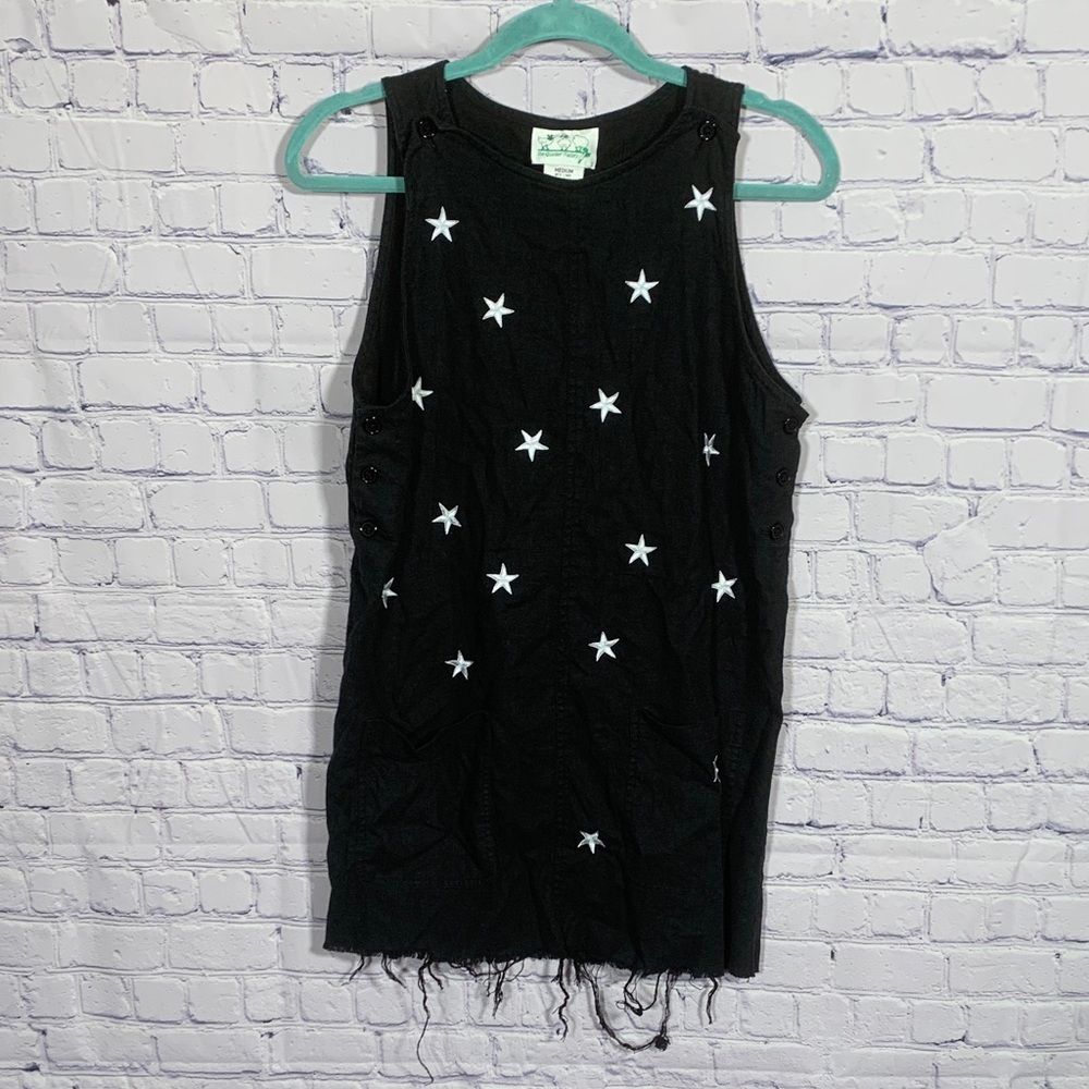The Quaker Factory Womens VTG Linen Blend Cut Off Overall Dress Black Stars Sz M